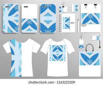 Corporate flat identity mock-up template. Isolated objects with business logotype. Phone case, t-shirt, bag, notebook design collection. Abstract modern digital painting ornament for logo, icon, label