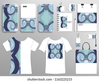 Corporate flat identity mock-up template. Isolated objects with business logotype. Phone case, t-shirt, bag, notebook design collection. Abstract modern digital painting ornament for logo, icon, label