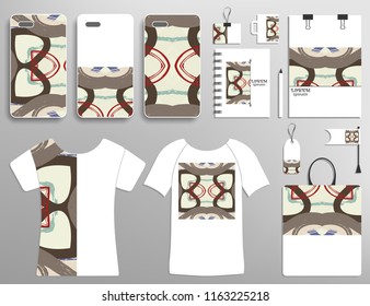 Corporate flat identity mock-up template. Isolated objects with business logotype. Phone case, t-shirt, bag, notebook design collection. Abstract modern digital painting ornament for logo, icon, label