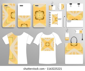 Corporate flat identity mock-up template. Isolated objects with business logotype. Phone case, t-shirt, bag, notebook design collection. Abstract modern digital painting ornament for logo, icon, label