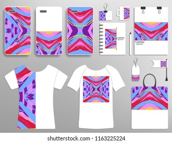 Corporate flat identity mock-up template. Isolated objects with business logotype. Phone case, t-shirt, bag, notebook design collection. Abstract modern digital painting ornament for logo, icon, label