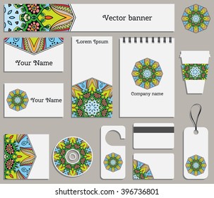 Corporate flat identity mock-up template for your design. Mandala ornament isolated elements. Vector collection