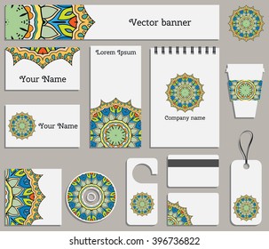 Corporate flat identity mock-up template for your design. Mandala ornament isolated elements. Vector collection