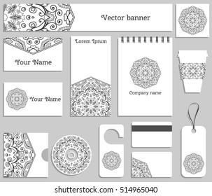 Corporate flat identity mock-up template for your design. Isolated objects with business logotype. Mandala ornament element for logo, icon, label. Vector collection