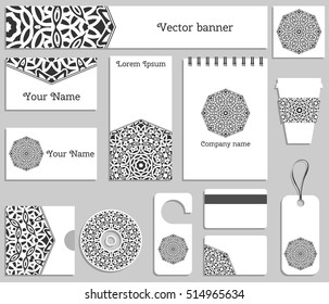 Corporate flat identity mock-up template for your design. Isolated objects with business logotype. Mandala ornament element for logo, icon, label. Vector collection