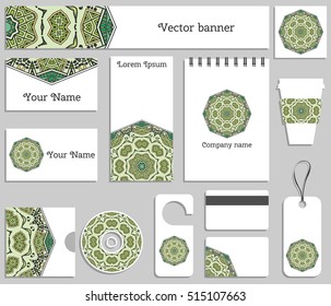 Corporate flat identity mock-up template for your design. Isolated objects with business logotype. Mandala ornament element for logo, icon, label. Vector collection