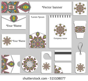 Corporate flat identity mock-up template for your design. Isolated objects with business logotype. Mandala ornament element for logo, icon, label. Vector collection