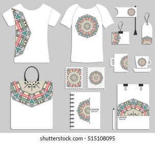 Corporate flat identity mock-up template for your design. Isolated objects with business logotype. Mandala ornament element for logo, icon, label. Vector collection