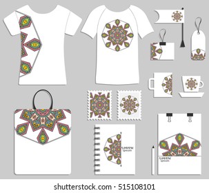 Corporate flat identity mock-up template for your design. Isolated objects with business logotype. Mandala ornament element for logo, icon, label. Vector collection