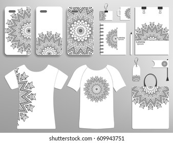 Corporate flat identity mock-up template. Isolated objects with business logotype. Phone case, t-shirt, bag, notebook design collection. Mandala monochrome ornament element for logo, icon, label