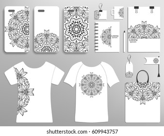 Corporate flat identity mock-up template. Isolated objects with business logotype. Phone case, t-shirt, bag, notebook design collection. Mandala monochrome ornament element for logo, icon, label