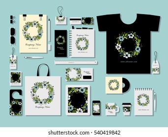 Corporate flat mock-up template, floral wreath design. Vector illustration