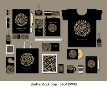 Corporate flat mock-up template, golden mandala design. Vector illustration