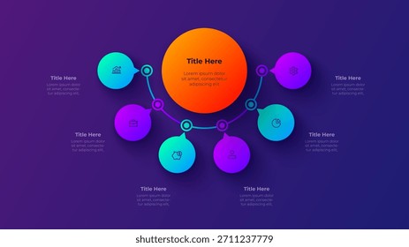 Corporate Flowchart Infografik mit 7 Schritten. Sieben Optionen Gradientenverlaufsdiagramm für die Geschäftsentwicklungsstrategie