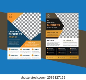 Corporate Flyer Design Business Brochure Template Professional Layout Blue Orange Geometric Shapes Modern Typography Infographic Style Marketing Material Print Ready Clean Minimalist Vector Graphics