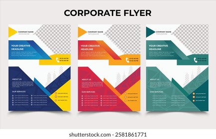 Corporate Flyer design, business flyer, cover modern layout, annual report, poster, flyer in A4 with colorful triangles