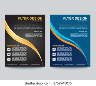 Corporate Flyer design, company profile Template two colors scheme vector with Golden & Black color, blue & cyan graphic element Curved design a4 size scale for editable Easy to use and edit A4 size