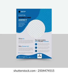 Corporate flyer design, creative stylish flyer template, vector template in A4 size, blue color modern flyer, perfect for creative professional business, vector template. print ready, QR code.