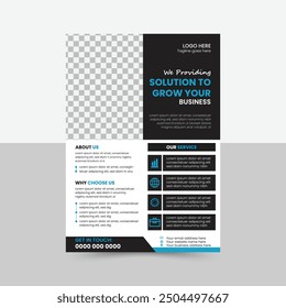 Corporate flyer design, creative stylish flyer template, vector template in A4 size, black and blue color modern flyer, perfect for creative professional business, vector template. print ready.