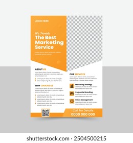 Corporate flyer design, creative stylish flyer template, vector template in A4 size, yellow color modern flyer, perfect for creative professional business, vector template. print ready, QR code.