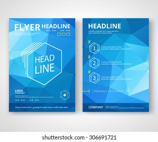 Corporate flyer design with geometric elements. Abstract triangular blue background.