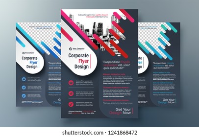Plantilla de diseño de viajero corporativo en A4. 3 Formas en color incluidas. Se puede adaptar a Folleto, Informe Anual, Revista, Afiche, Presentación Corporativa, Cartera, Banner, Sitio Web.