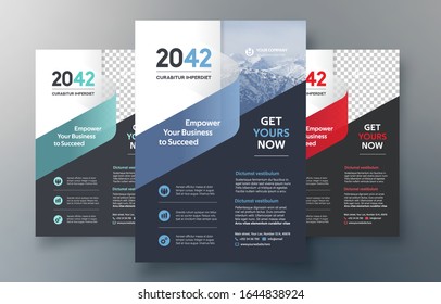 Plantilla de diseño de viajero corporativo en A4. 3 Formas en color incluidas. Se puede adaptar a Folleto, Informe Anual, Revista, Afiche, Presentación Corporativa, Cartera, Banner, Sitio Web.