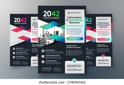 Plantilla de diseño de volante corporativo en A4. 3 Formas de color incluidas. Puede adaptarse a Brochure, Annual Report, Magazine, Poster, Corporate Presentation, Portfolio, Banner, Website.