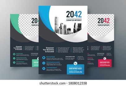 Plantilla de diseño de volante corporativo en A4. 3 Formas de color incluidas. Puede adaptarse a Brochure, Annual Report, Magazine, Poster, Corporate Presentation, Portfolio, Banner, Website.