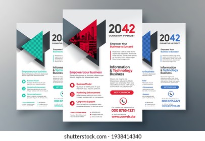 Plantilla de diseño de volante corporativo en A4. 3 Formas de color incluidas. Puede adaptarse a Brochure, Annual Report, Magazine, Poster, Corporate Presentation, Portfolio, Banner, Website.