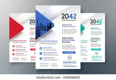 Plantilla de diseño de volante corporativo en A4. 3 Formas de color incluidas. Puede adaptarse a Brochure, Annual Report, Magazine, Poster, Corporate Presentation, Portfolio, Banner, Website.