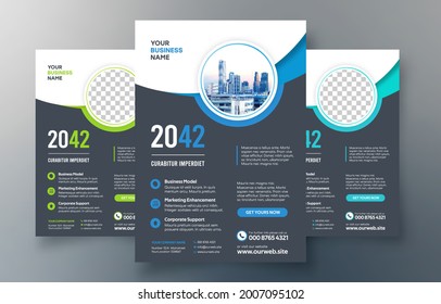 Plantilla de diseño de volante corporativo en A4. 3 Formas de color incluidas. Puede adaptarse a Brochure, Annual Report, Magazine, Poster, Corporate Presentation, Portfolio, Banner, Website.