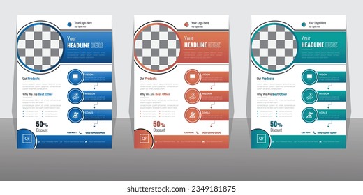 Corporate flyer design template in A4 size. Portfolio geometric design vector set. Abstract blue liquid graphic gradient circle shape on flyer design.