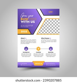 Design-Vorlage für Firmenflyer Layout modern mit violetter Farbgröße A 4, einfach zu bedienen und zu bearbeiten.