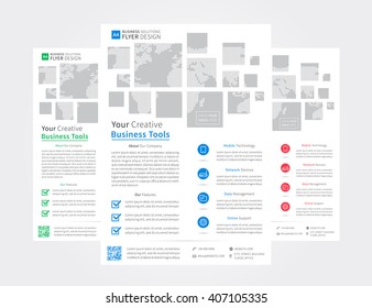 Corporate flyer (leaflet, brochure) layout vector design. A4 size template page for business ad. A4 size page, 3 colors (green, blue, red), ready to print. Leaflet templet ads design.
