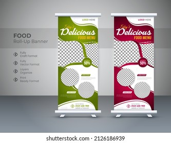 Corporate food roll up banner for Restaurant. food Roll up banner design green, food roll up banner template red, food roll up, Vector illustration template