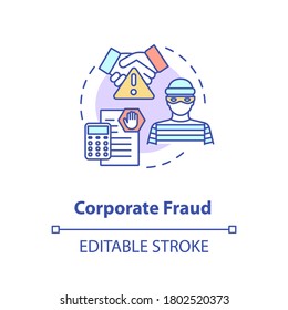 Corporate fraud concept icon. Company fraud. Common corporate crime. Law violation. Corporation commited crime idea thin line illustration. Vector isolated outline RGB color drawing. Editable stroke