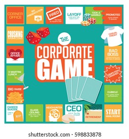 Corporate game board with humorous stops and obstacles along the way, from starting in the mailroom to CEO and retirement. Flat design. EPS 10 vector.