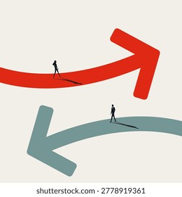 Corporate gender career divergence vector concept. Symbol of female empowerment, inequality, opposite direction diverging strategy success . Minimal design eps10 illustration