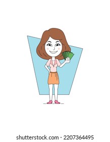 Corporate Girl holding cash money in hands. Cheerful young girl holding currency notes. girl character clip art vector isolated on white background.