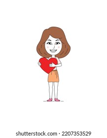 corporate girl holding a red paper heart. Concept design of a girl character with a red heart in his hands. girl character clip art vector isolated on white background.