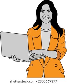 Chica corporativa usando una laptop para hacer trabajo de oficina, ilustración plana