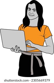 Corporate girl using a laptop for doing office work, flat illustration