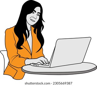 Corporate girl using a laptop for doing office work, flat illustration