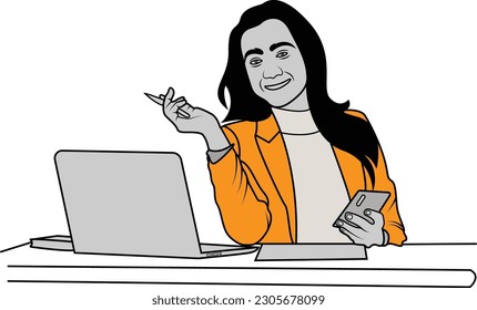 Corporate girl using a laptop for doing office work, flat illustration