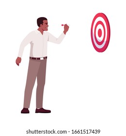 Corporate goals setting semi flat RGB color vector illustration. Focused CEO, top manager hitting bullseye on dartboard isolated cartoon character on white background. Business plans and aims concept