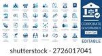 Corporate Governance and Business Strategy solid icon set. Includes symbols for Board of Directors, ESG Strategy, Risk Management, and Compliance. Solid vector icons for management.