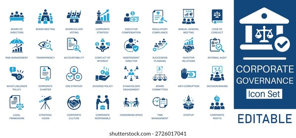 Corporate Governance and Business Strategy solid icon set. Includes symbols for Board of Directors, ESG Strategy, Risk Management, and Compliance. Solid vector icons for management.