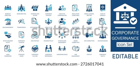 Corporate Governance and Business Strategy solid icon set. Includes symbols for Board of Directors, ESG Strategy, Risk Management, and Compliance. Solid vector icons for management.