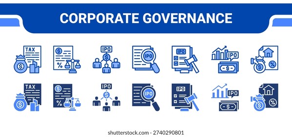 Corporate Governance Icon Collection, featuring Corporate, Board, Shareholders, Disclosure, Regulations, Equity, Administration.